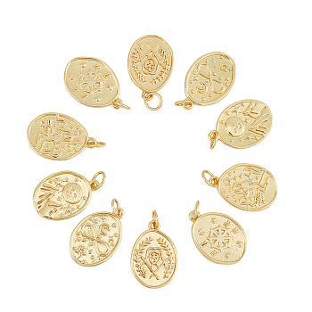 10Pcs 5 Style Rack Plating Brass Pendants, with Jump Ring, Cadmium Free & Nickel Free & Lead Free, Oval with Star & Smiling Face & Human & Star, Real 18K Gold Plated, 18~18.5x12~12.5x1.5~2mm, Hole: 3.6mm, 2pcs/style