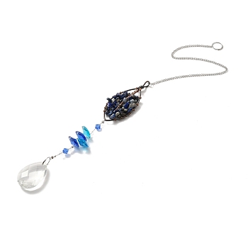 Lapis Lazuli Pendant Decoration, Hanging Suncatcher, with Brass Rings, Horse Eye Alloy Frame and Iron Findings, Teardrop, Blue, 423x2mm, Hole: 10mm
