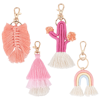 WADORN 4Pcs 4 Style Weaving Tassel Cotton Pendant Decorations, Alloy Lobster Clasps Charm, Clip-on Charm, for Keychain, Purse, Backpack Ornament, Cerise, 115~145mm, 1pc/style