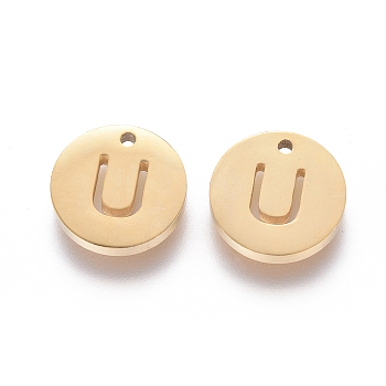 Ion Plating(IP) 304 Stainless Steel Charms, Flat Round with Letter, Golden, Letter.U, 10x1.5mm, Hole: 1mm