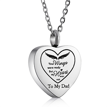 Stainless Steel Heart Urn Ashes Pendant Necklace, Word To My Dad Memorial Jewelry for Men Women, Stainless Steel Color, 19.69 inch(50cm)