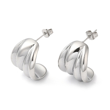 304 Stainless Steel Curved Leaf Stud Earrings for Women, Stainless Steel Color, 20x17.5mm