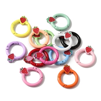 Spray Painted Alloy Spring Gate Rings, Ring with Strawberry, Mixed Color, 32.5x26.5x4mm