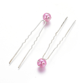 (Defective Closeout Sale), Lady's Hair Forks, with Silver Color Plated Iron Findings, Acrylic Imitation Pearl and Crystal Rhinestone, Round, Hot Pink, 75mm