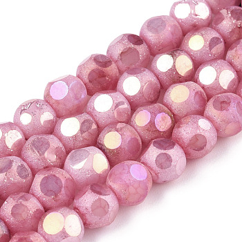 Opaque Frosted Glass Beads Strands, AB Color Plated, Faceted, Round, Flamingo, 6.5x6mm, Hole: 1.5mm, about 70pcs/strand, 16.38 inch(41.6cm)