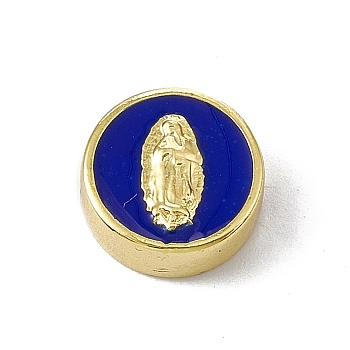 Real 18K Gold Plated Brass Enamel Beads, Long-Lasting Plated, Religion, Cadmium Free & Lead Free, Flat Round with Virgin Mary, Blue, 11x4.5mm, Hole: 1.8mm