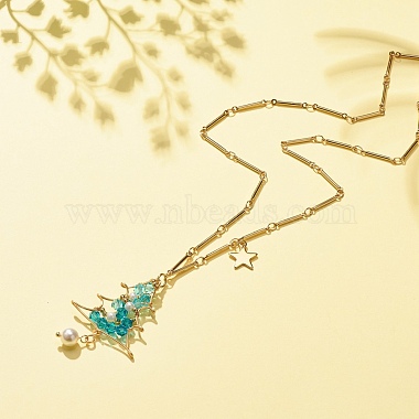 Christmas Tree Shell Pearl & Glass Braided Pendant Necklace with Bar Link Chains(NJEW-TA00028)-2